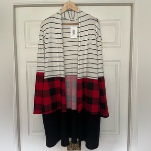 {Haptics} Buffalo Plaid Striped Open Front Long Cardigan - Women's Medium - NWT
